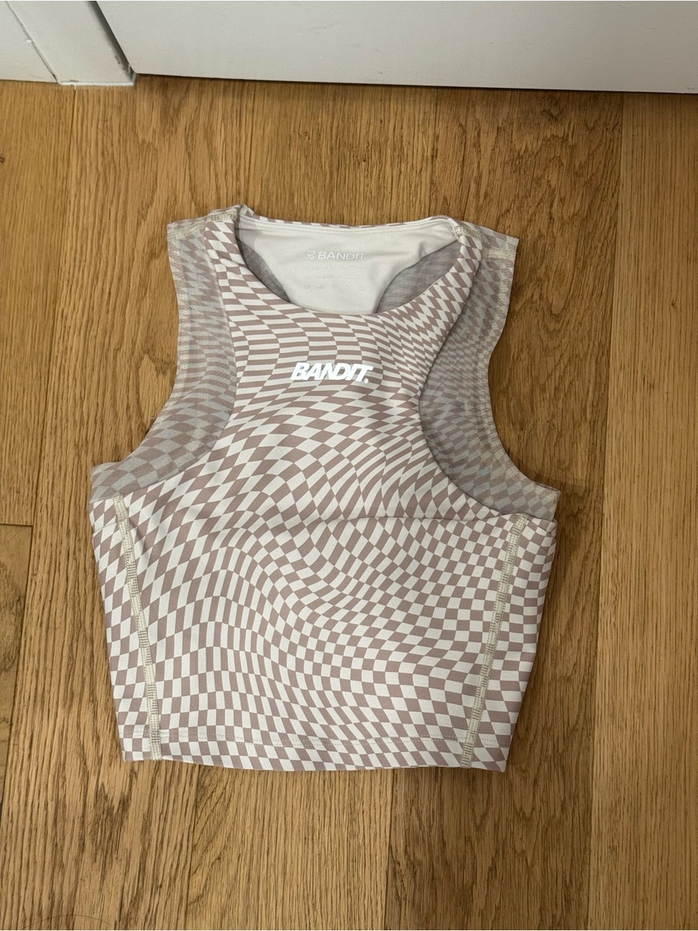 Bandit Taupe & Cream Checkerboard High-Neck Crop Top